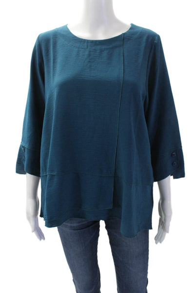 Shana Womens Layered Round Neck 3/4 Sleeve Pullover Blouse Top Blue Size M