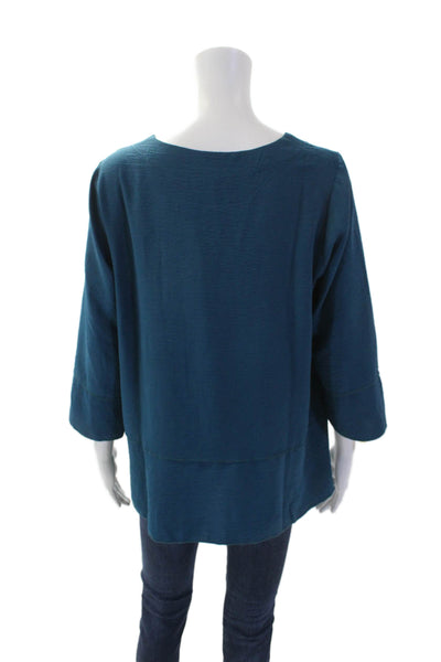 Shana Womens Layered Round Neck 3/4 Sleeve Pullover Blouse Top Blue Size M