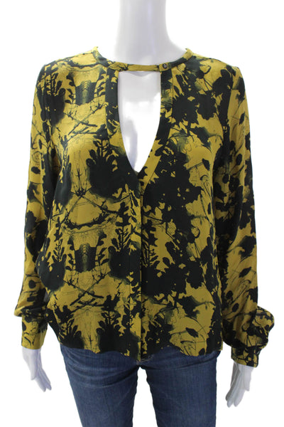 ALC Womens Silk Long Sleeve V-neck Floral Printed Blouse Black Size XS