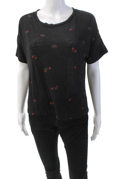 Rails Womens Linen Blend Floral Round Neck Short Sleeve T-Shirt Top Black Size S