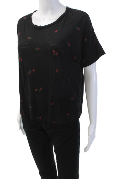 Rails Womens Linen Blend Floral Round Neck Short Sleeve T-Shirt Top Black Size S