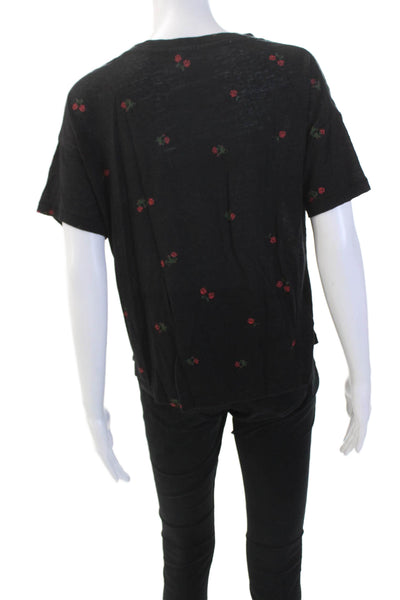 Rails Womens Linen Blend Floral Round Neck Short Sleeve T-Shirt Top Black Size S