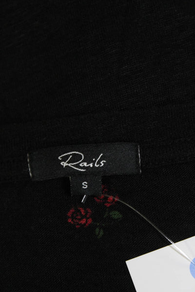 Rails Womens Linen Blend Floral Round Neck Short Sleeve T-Shirt Top Black Size S