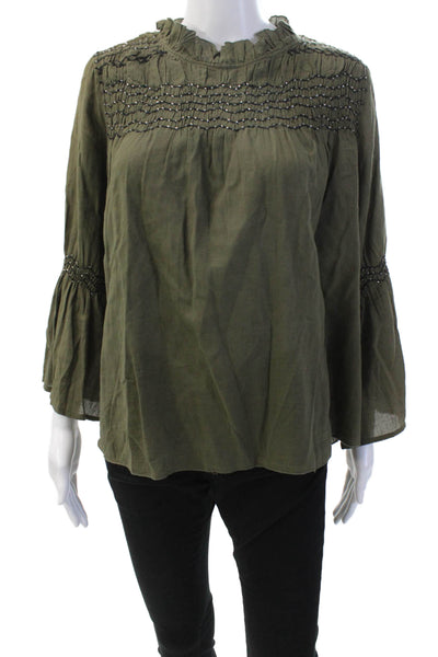 Love Sam Womens Cotton Beaded Round Neck Long Sleeve Blouse Top Olive Size M