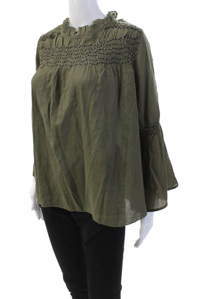 Love Sam Womens Cotton Beaded Round Neck Long Sleeve Blouse Top Olive Size M