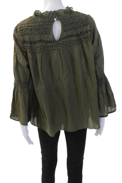 Love Sam Womens Cotton Beaded Round Neck Long Sleeve Blouse Top Olive Size M