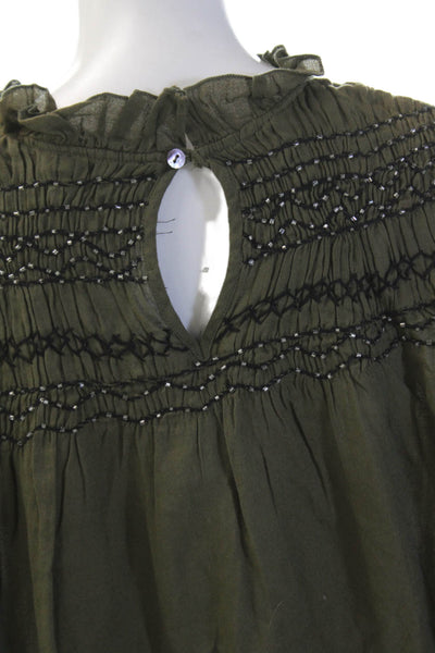 Love Sam Womens Cotton Beaded Round Neck Long Sleeve Blouse Top Olive Size M
