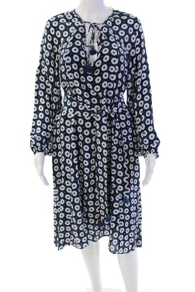 Figue Womens 3/4 Sleeve Keyhole Abstract Silk Dress Navy White Size Extra Small