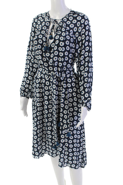 Figue Womens 3/4 Sleeve Keyhole Abstract Silk Dress Navy White Size Extra Small