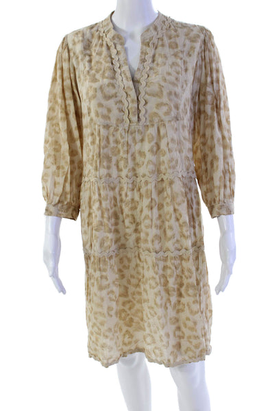 Lola Australia Womens 3/4 Sleeve V Neck Ric Rac Trim Leopard Dress Beige Size XS