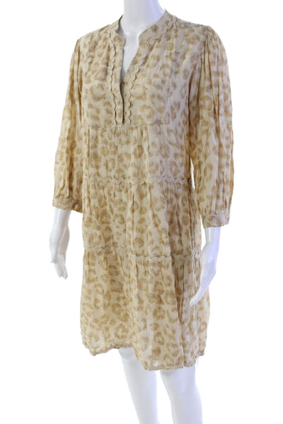 Lola Australia Womens 3/4 Sleeve V Neck Ric Rac Trim Leopard Dress Beige Size XS