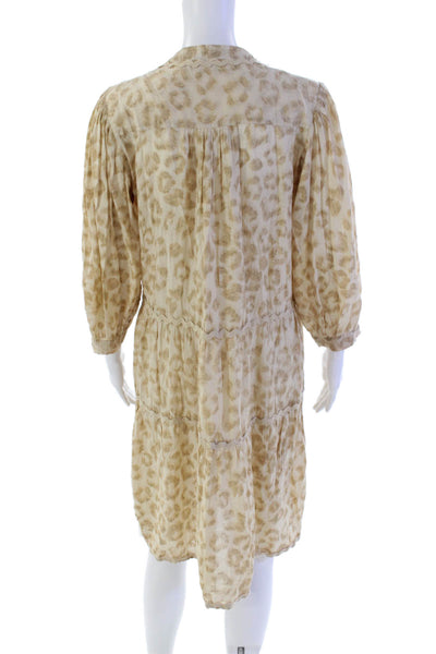 Lola Australia Womens 3/4 Sleeve V Neck Ric Rac Trim Leopard Dress Beige Size XS