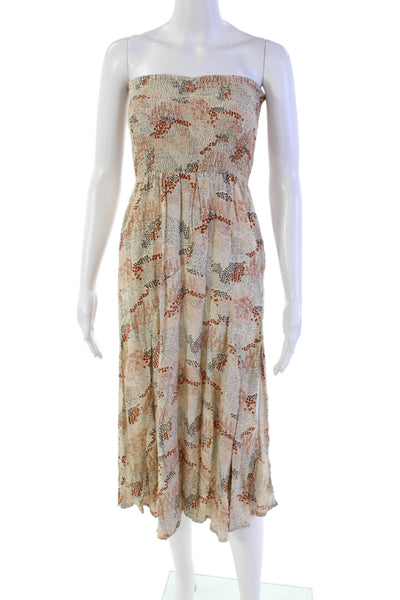 Pampelone Womens Smocked Waistband Side Slit Floral Skirt White Brown Size XS