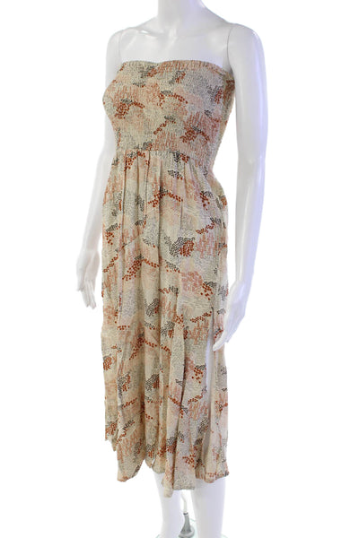 Pampelone Womens Smocked Waistband Side Slit Floral Skirt White Brown Size XS
