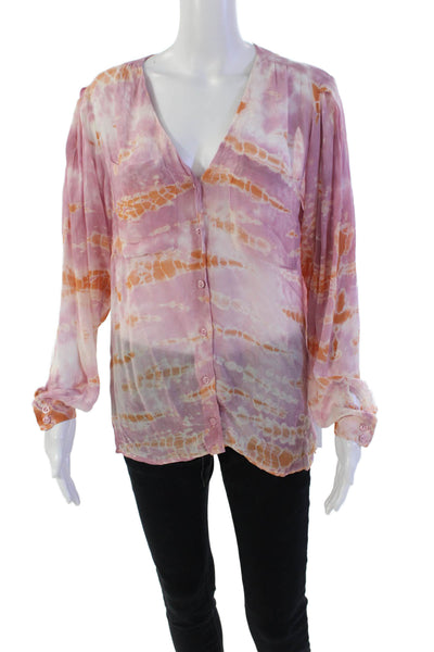 YFB Womens Long Sleeve V Neck Tie Dyed Blouse Top Purple Orange Size Large
