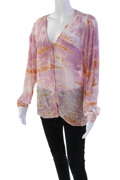 YFB Womens Long Sleeve V Neck Tie Dyed Blouse Top Purple Orange Size Large