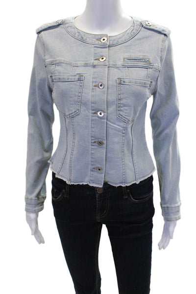 Coco Y Club Womens Cotton Blend Round Neck Button Up Denim Jacket Blue Size S
