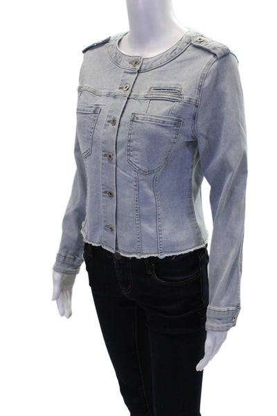 Coco Y Club Womens Cotton Blend Round Neck Button Up Denim Jacket Blue Size XL