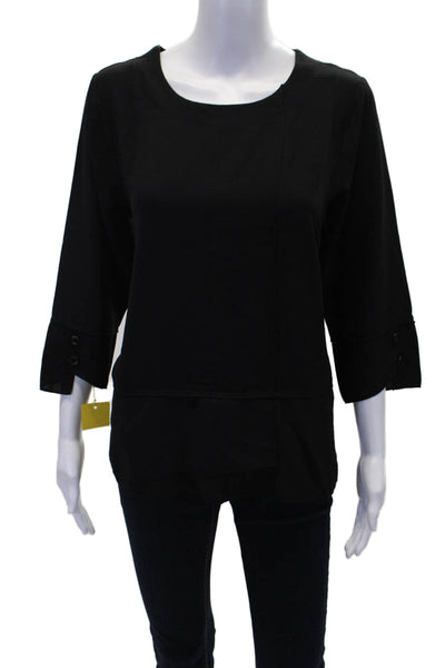 Shana Womens Layered Round Neck 3/4 Sleeve Pullover Blouse Top Black Size XS