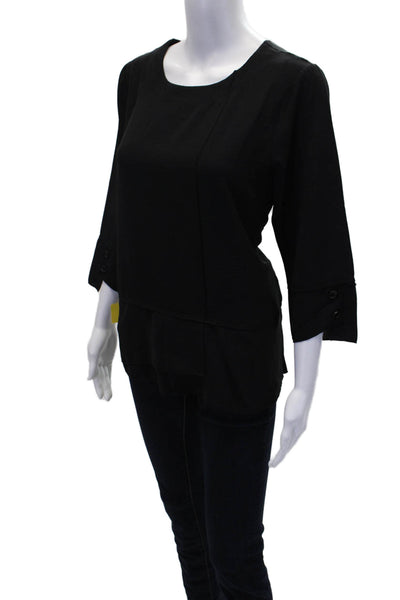 Shana Womens Layered Round Neck 3/4 Sleeve Pullover Blouse Top Black Size XS