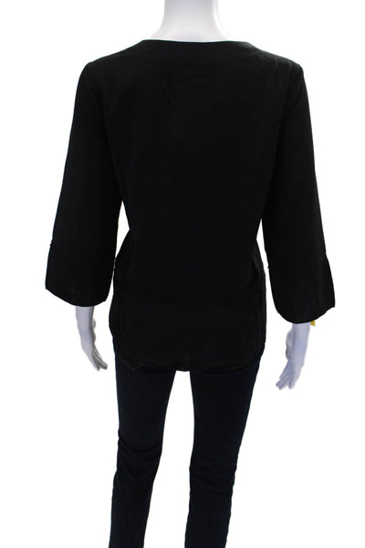 Shana Womens Layered Round Neck 3/4 Sleeve Pullover Blouse Top Black Size XS