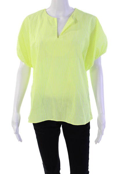 Harvey Faircloth Womens Short Sleeve V Neck Neon Striped Top Yellow White Size 4