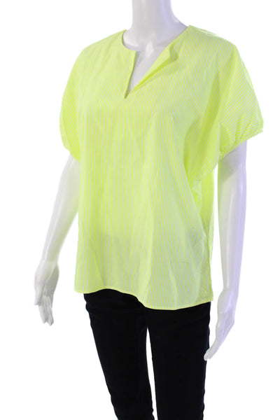 Harvey Faircloth Womens Short Sleeve V Neck Neon Striped Top Yellow White Size 4