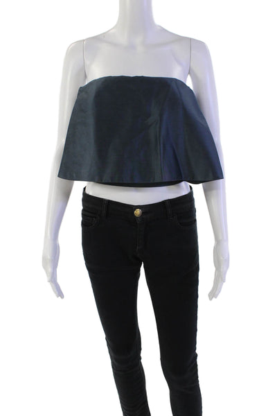Sally LaPointe Womens Back Zip Strapless Layered Crop Top Blue Wool Size 4
