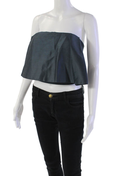 Sally LaPointe Womens Back Zip Strapless Layered Crop Top Blue Wool Size 4