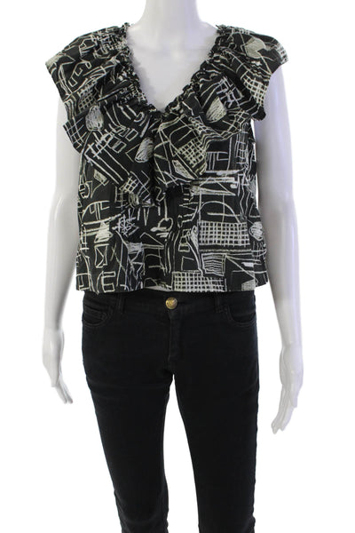 Hunter Bell Womens Sleeveless Ruffled V Neck Abstract Top Black White Size Small