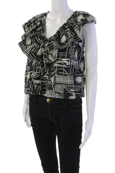 Hunter Bell Womens Sleeveless Ruffled V Neck Abstract Top Black White Size Small