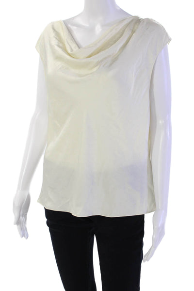 Theory Womens Sleeveless Scoop Neck Satin Draped Blouse Top White Size Large