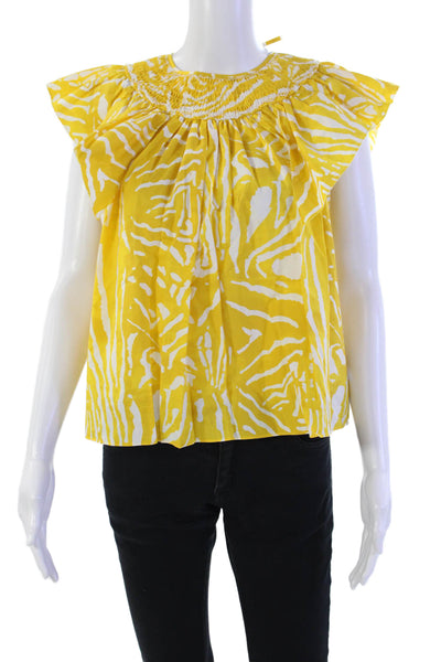 Hunter Bell Womens Short Sleeve Smocked Crew Neck Top Yellow White Cotton Small