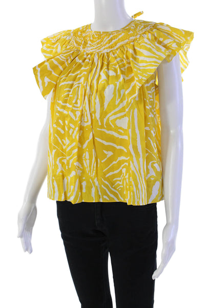 Hunter Bell Womens Short Sleeve Smocked Crew Neck Top Yellow White Cotton Small