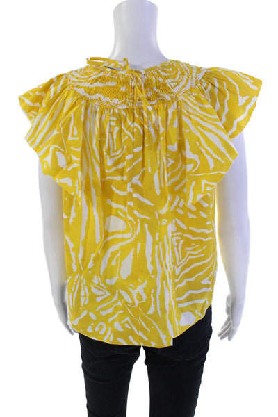 Hunter Bell Womens Short Sleeve Smocked Crew Neck Top Yellow White Cotton Small