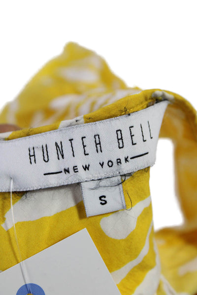 Hunter Bell Womens Short Sleeve Smocked Crew Neck Top Yellow White Cotton Small