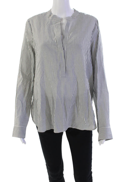 Vince Womens Long Sleeve Button Front V Neck Striped Shirt White Gray Size 10