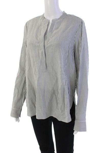 Vince Womens Long Sleeve Button Front V Neck Striped Shirt White Gray Size 10