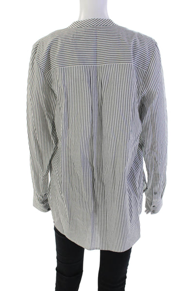 Vince Womens Long Sleeve Button Front V Neck Striped Shirt White Gray Size 10
