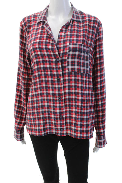 Equipment Femme Womens Silk Check Long Sleeve Button Up Blouse Top Red Size M