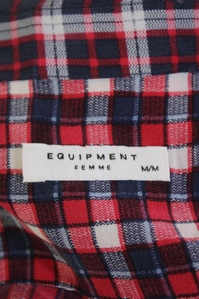 Equipment Femme Womens Silk Check Long Sleeve Button Up Blouse Top Red Size M