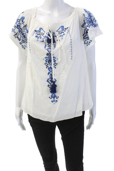 Parker Womens Embroidered V-Neck Short Sleeve Pullover Blouse Top White Size M