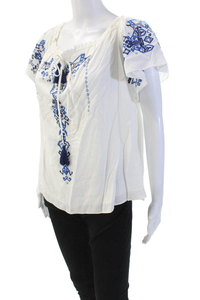 Parker Womens Embroidered V-Neck Short Sleeve Pullover Blouse Top White Size M