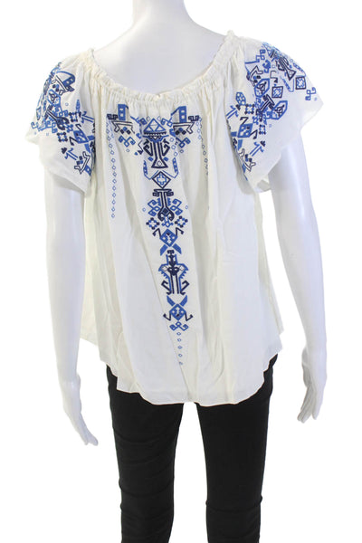 Parker Womens Embroidered V-Neck Short Sleeve Pullover Blouse Top White Size M
