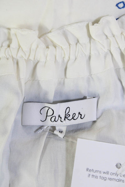 Parker Womens Embroidered V-Neck Short Sleeve Pullover Blouse Top White Size M