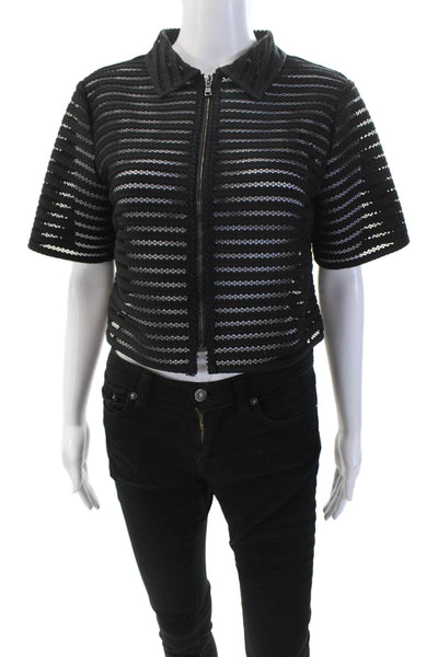 Theory Womens Front Zip Short Sleeve Open Knit Cropped Jacket Black Size Large