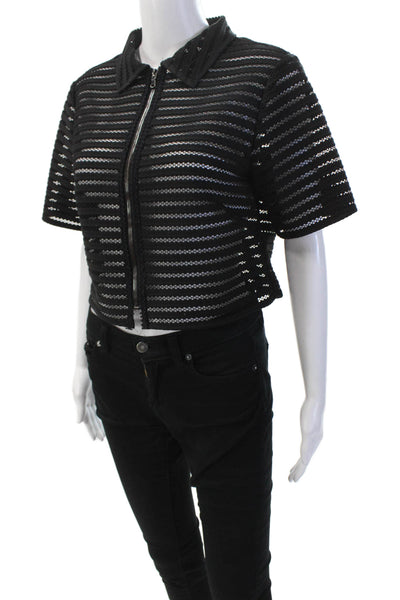 Theory Womens Front Zip Short Sleeve Open Knit Cropped Jacket Black Size Large
