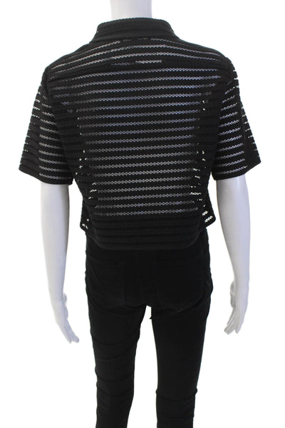 Theory Womens Front Zip Short Sleeve Open Knit Cropped Jacket Black Size Large