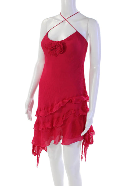 Zara Womens Spaghetti Strap V Neck Tiered Knee Length Dress Pink Size Small