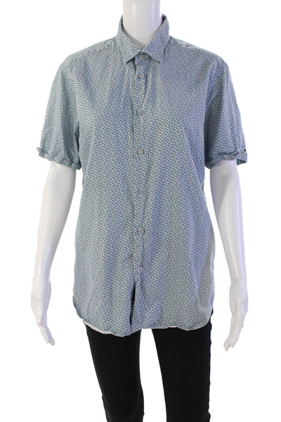 Ted Baker London Womens Abstract Print Button Down Short Sleeve Top Blue Size 4